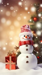 Snowman doll with Xmas tree and gift box decorations Christmas background, copy space