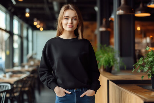 Beautiful woman wearing black sweater and jeans, at cafe. Design sweater template, print presentation mockup