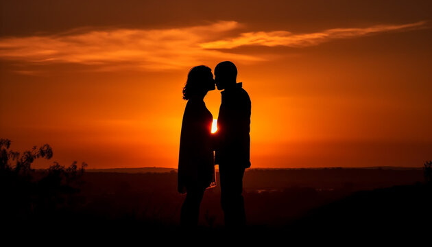 Silhouette of a couple embracing in the back lit sunset generated by AI