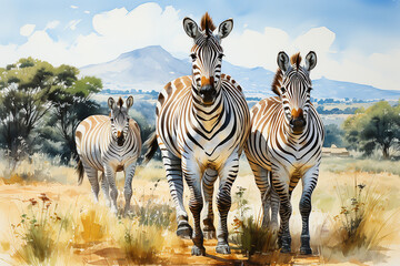 Obraz premium Zebra family in the wild drawn with watercolor
