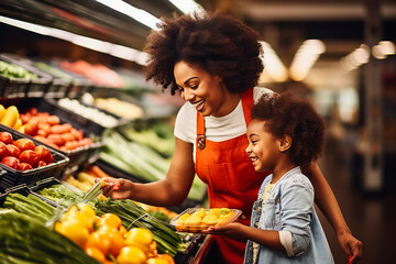 a black family shopping in supermarket - Powered by Adobe