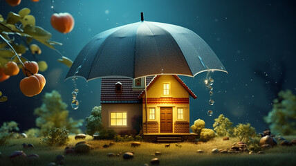 umbrella with house on blue background, security concept