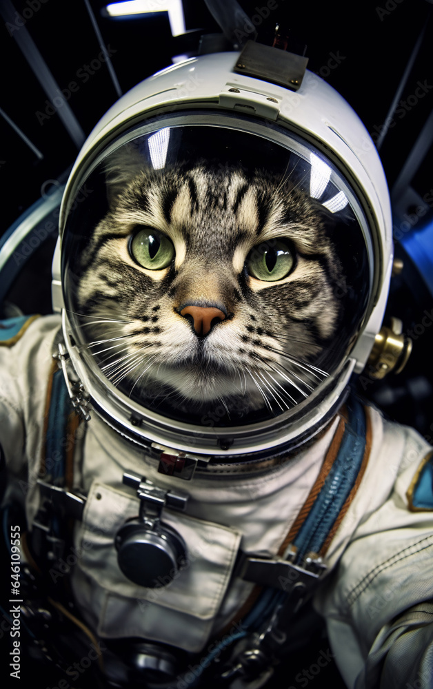 Wall mural cat astronaut in a spacesuit in a spaceship plows the expanses of the universe