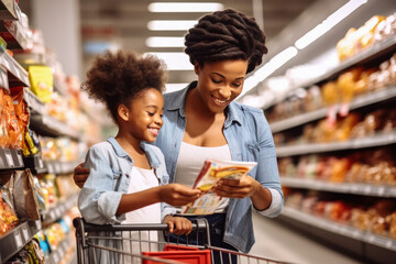mother and daughter checking a product in the supermarket  - obrazy, fototapety, plakaty