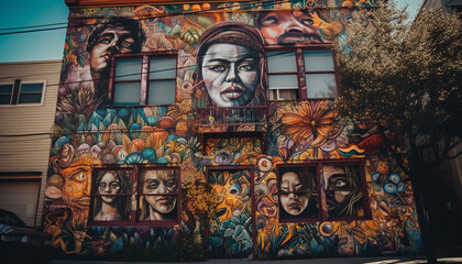 Obraz premium Multi colored mural depicts indigenous culture in famous Beijing cityscape generated by AI