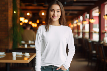 Beautiful woman wearing white sweater and jeans, at cafe. Design sweater template, print presentation mockup