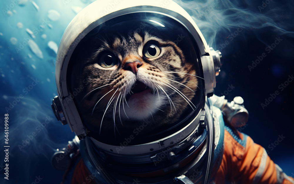 Wall mural cat astronaut in a spacesuit in outer space travels across the expanses of the universe