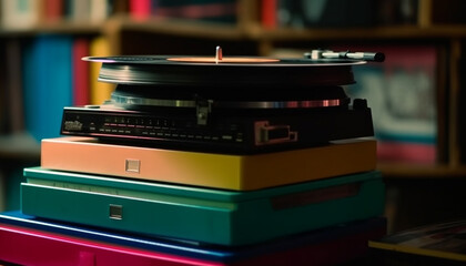 Vintage audio collection on bookshelf spins at nightclub leisure activity generated by AI