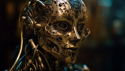 Spooky cyborg sculpture depicts futuristic death in antique metal design generated by AI