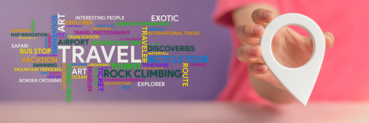 Travel planning. GPS pin symbol in hand and a word cloud on the theme of travel in different colors and sizes on a purple background. Banner on the theme of travel. © SERSOLL