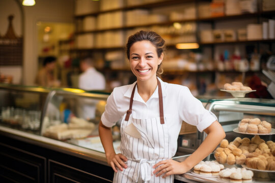 Happy small pastry shop owner, smiling proudly at her store. Cheerful female baker working at her shop