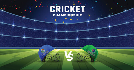 Cricket championship league, cricket tournament, cricket bat, ball, stump, helmet with winning cup trophy.