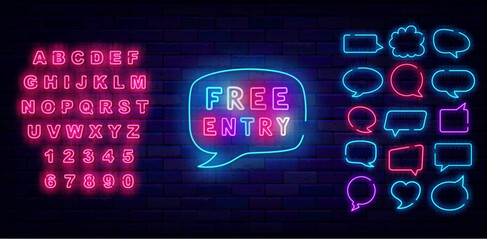 Free entry neon label. Unpaid entrance for club. Colorful handwritten text. Vector stock illustration - obrazy, fototapety, plakaty
