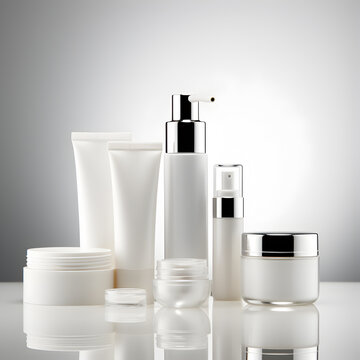 set of cosmetic containers line with white color and copy space makeup, and skin care items, gray background