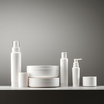 Set of cosmetic containers line with white color and copy space makeup, and skin care items, product 