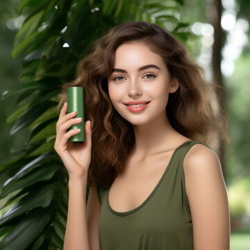 portrait of a woman hold a bottle of cosmetics Photo of attractive woman with perfect makeup on green background. Beauty skin care concept, dressed in green