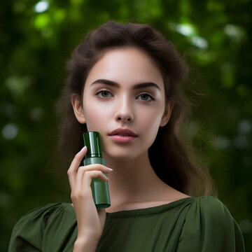 portrait of a woman hold a bottle of cosmetics Photo of attractive woman with perfect makeup on green background. Beauty skin care concept, close up