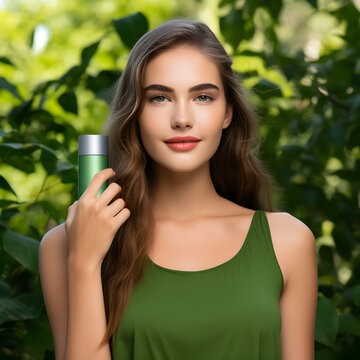portrait of a woman hold a bottle of cosmetics Photo of attractive woman with perfect makeup on green background. Beauty skin care concept, model