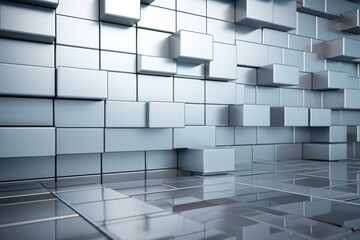 Reflective tiles forming a wall, with concrete brick blocks stacked in a 3D pattern as the background. Generative AI