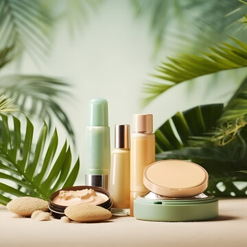 environmentally friendly Blank cosmetic product line with white color and copy space makeup, and skin care items set	