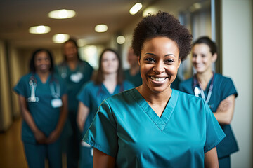 ortrait of a young nursing student standing with her team in hospital, dressed in scrubs, Doctor intern