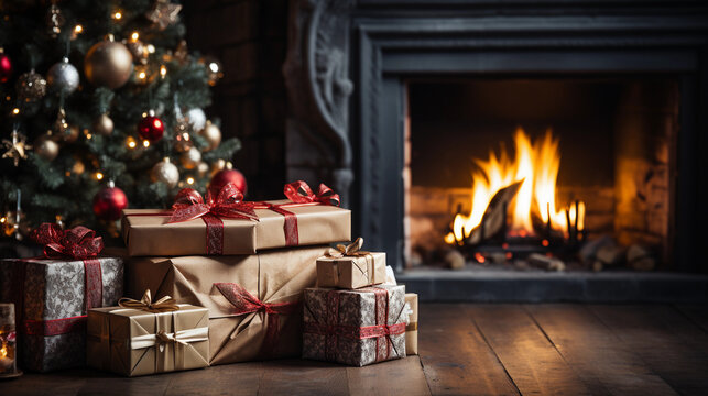 Fireplace with gifts and Christmas decorations