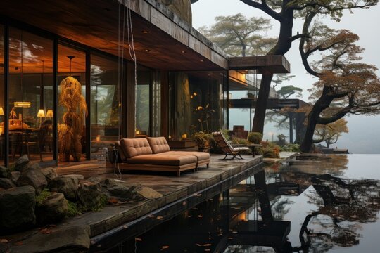 luxurious zen house in a quiet and relaxing forest