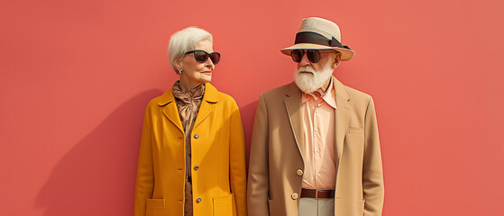 Senior stylishly dressed woman and man on color background