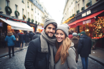 Fototapeta premium A young cheerful couple having fun in Paris, Enjoying Christmas Market
