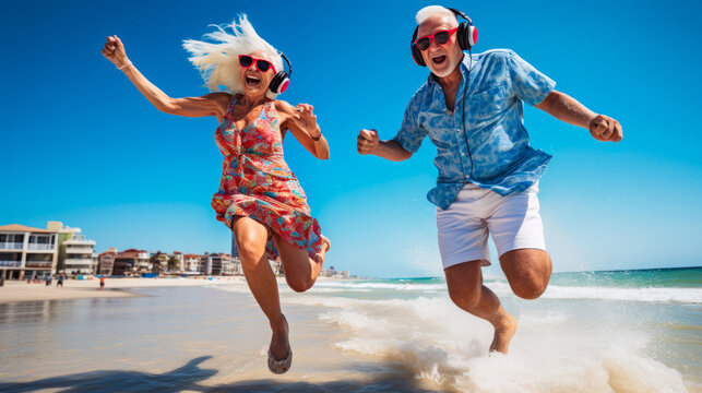 Older Couple Jumping On The Beach