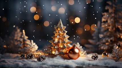 Fototapeta na wymiar Christmas tree and lights winter forest scene