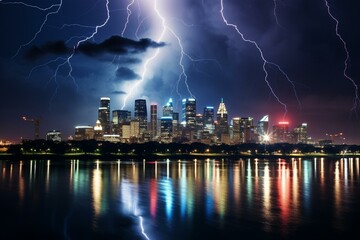 Naklejka na ściany i meble Nighttime lightning illuminates city skyline. Generative AI