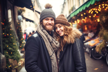 A young cheerful couple having fun in Paris, Enjoying Christmas Market