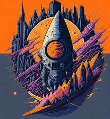 Alien with planets and solar system, starting Rocket from the ground, futuristic city, illustration
