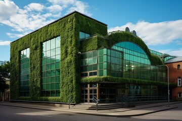 Fototapeta na wymiar a building with green exterior. Generative AI