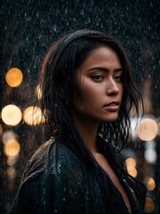 A Stunning Black Haired Woman In Bokeh Lights In Darker Background