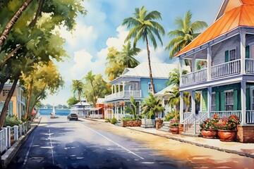 Fototapeta na wymiar Watercolor painting of Key West street with houses and waterfront. Generative AI