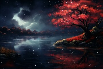 A artwork showing a dark sky studded with sparkling stars, reflecting into a calm lake surrounded by vibrant red flowers and a tree with a crimson leaf. Generative AI