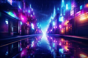 wet streets in a futuristic neon city at night, abstract. Generative AI