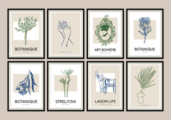 Abstract boho style botanical vector art print posters for wall art gallery