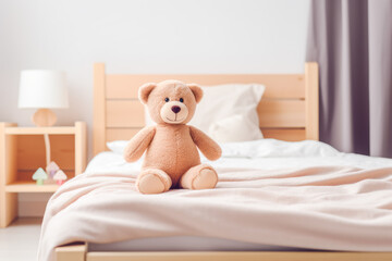 Beige plush bear sits on bed in neutral boy`s or girl`s room. 