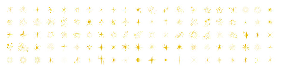 Stars set of 110 gold icons. Vector set of different gold sparkles icons