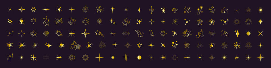 Sparkle star icons set. Vector set of different gold sparkles icons. Shine icons