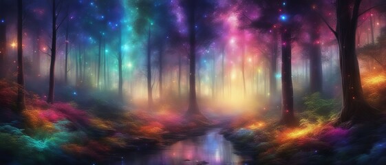 A forest with a stream filled with many trees and colorful lights, a night sky with stars, fantasy art