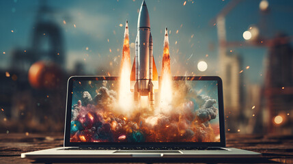 illustration of a rocket flying from the laptop screen