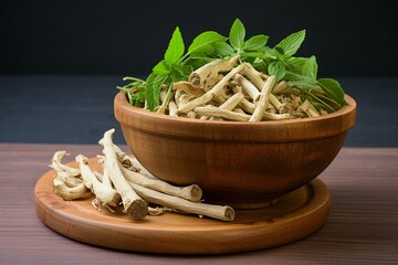 A dried root and fresh leaf herb - ashwagandha (withania somnifera) also known as indian ginseng, poison gooseberry, or winter cherry. Generative AI