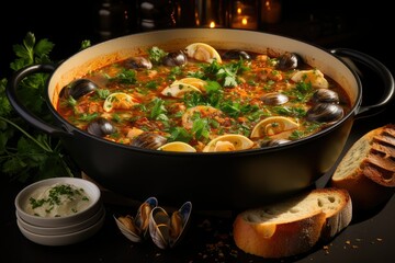 Showcasing the Culinary Masterpiece of Bouillabaisse, a Flavorful French Seafood Stew, Ideal for Food Enthusiasts and Gastronomy Concepts