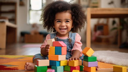 African American child playing with colorful block toys - obrazy, fototapety, plakaty