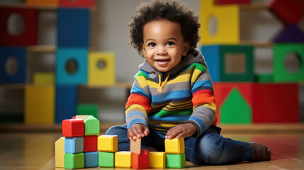Fototapeta na wymiar African American child playing with colorful block toys