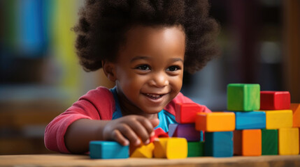 Fototapeta na wymiar African American child playing with colorful block toys